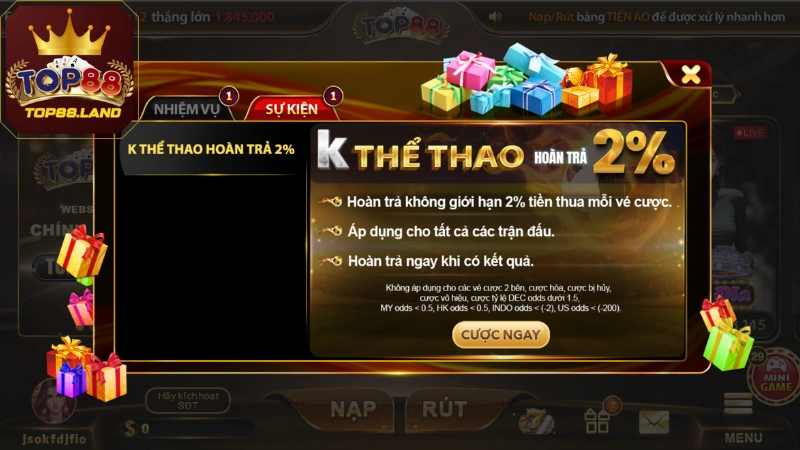 Khuyến mãi Top88 hoàn trả thể thao 2% không giới hạn